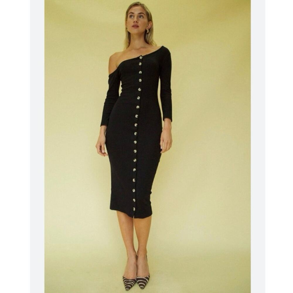 NWOT The Line by K Gemma Black Button-Front Off-Shoulder Midi Dress Size Small